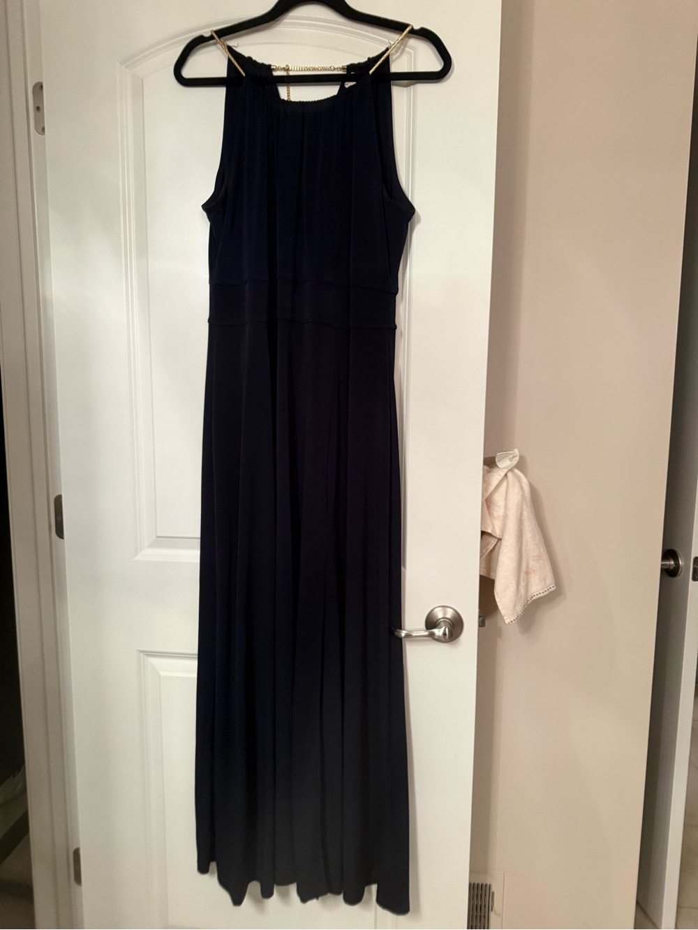 Michael Kors Navy Halter-Style Maxi Dress with gold adjustable chain